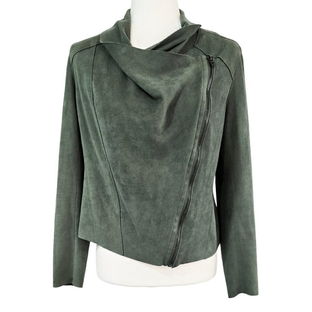 Blank NYC Faux Suede Pale Green Olive Branch Moto Zip Cropped Jacket Stretch